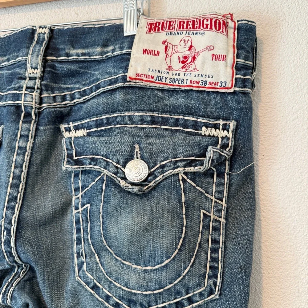 True Religion Joey Super T Mens Blue Denim Cut Off Shorts Size 38 Made in USA